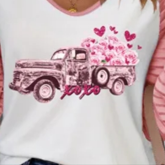 LAST THREE ❤️ Pink Valentines Flower Car Graphic Striped Long Sleeve Top - Picture 5 of 5